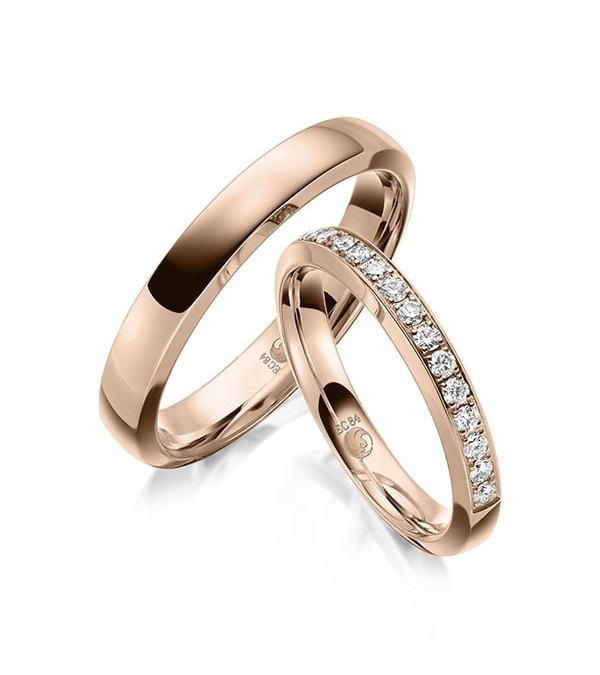 Anillos de boda en oro rosa con media corona de diamantes - Alianzas de boda - 


