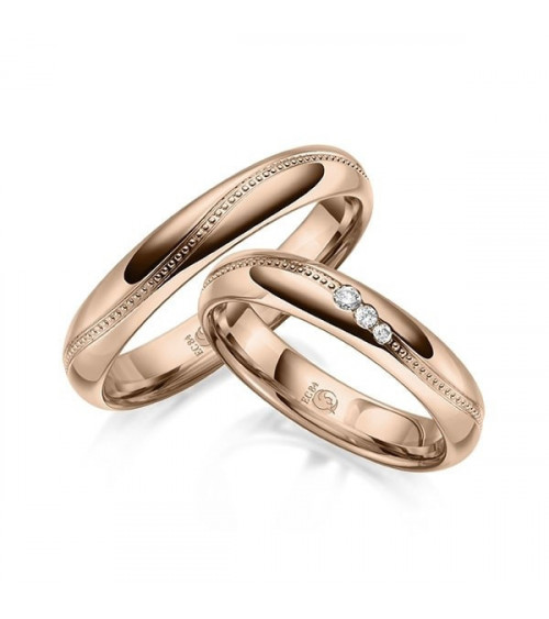 Alianzas de boda de oro rosa con una línea curvado de ondas y 3 diamantes - Alianzas de boda - 


