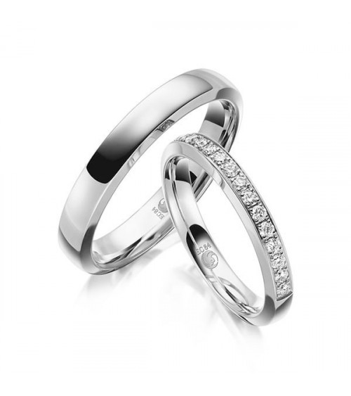 Pareja de anillos de boda brillantes en Platino con media corona de diamantes - Alianzas de boda - 

