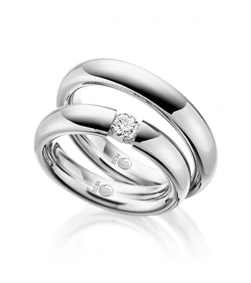 Alianzas de media caña en Platino con un diamante talla brillante - Alianzas de boda - 

