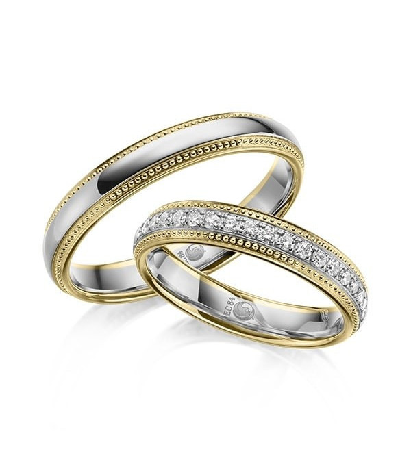 Originales anillos de boda en dos colores con corona de diamantes y dos juntas de esferas - Alianzas de boda - 


