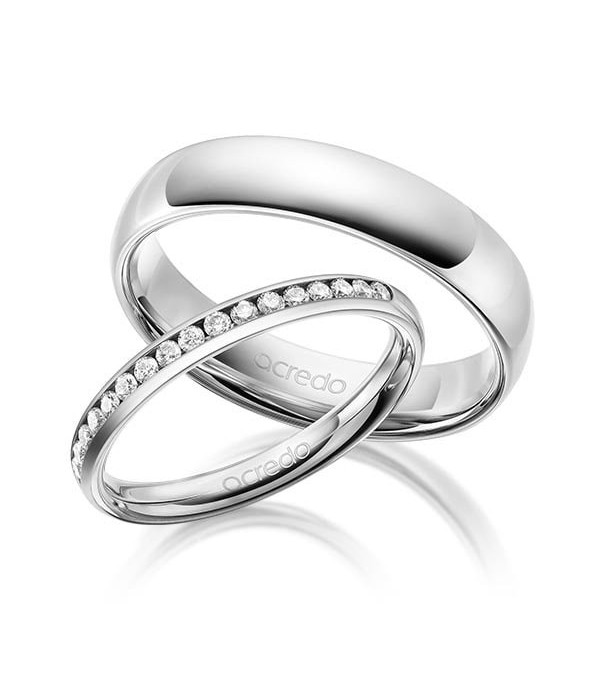 Anillos de matrimonio en oro banco con media corona de diamantes - Alianzas de boda - 

