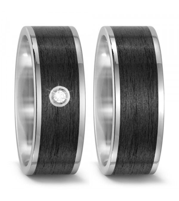 Originales Alianzas de matrimonio de carbono y titanio con un diamante talla brillante - Alianzas de boda - 

