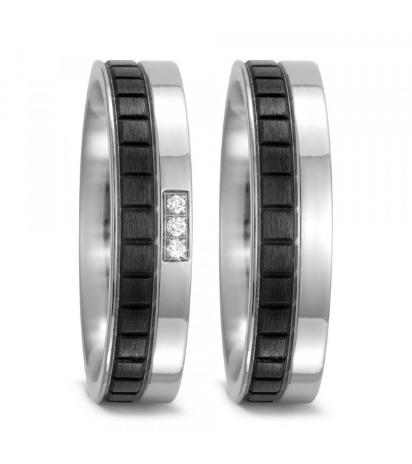 Par de anillos de carbono y titanio para la boda con 3 diamantes para ella - Alianzas de boda - 

