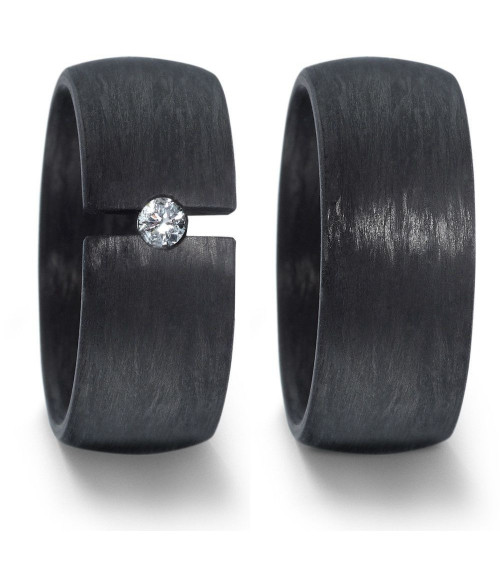 Anchas alianzas de boda negras hechas de carbono con un diamante en tensión - Alianzas de boda - 

