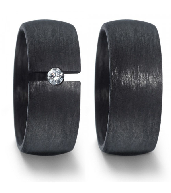 Anchas alianzas de boda negras hechas de carbono con un diamante en tensión - Alianzas de boda - 

