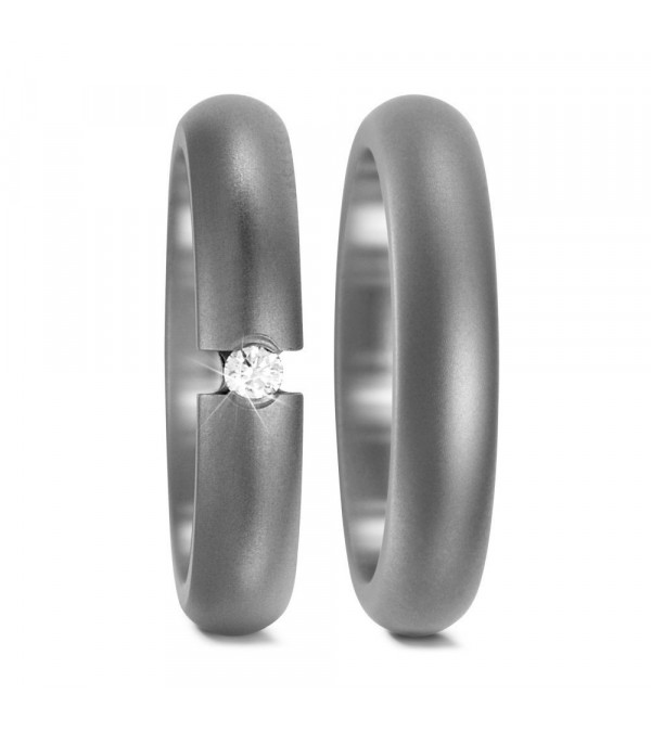 Anillos de titanio mate oscuro con un diamante redondo en tensión - Alianzas de boda - 

