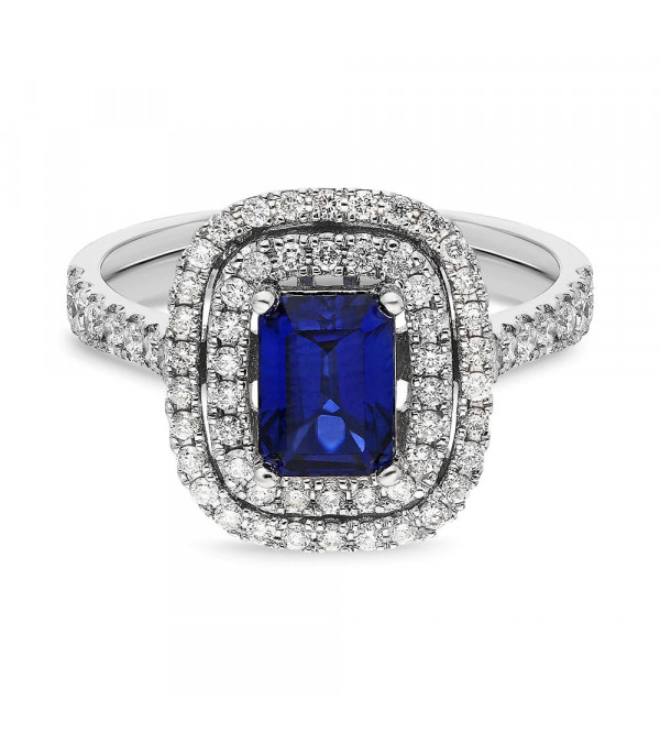 Anillo de compromiso halo con diamantes y zafiro | Staring