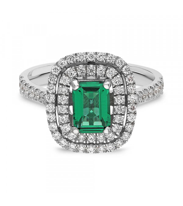Anillo de compromiso halo con diamantes y esmeraldas| Staring