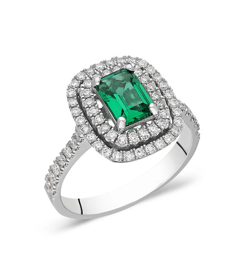 Anillo de compromiso halo con diamantes y esmeraldas| Staring